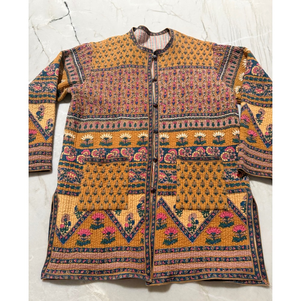 Vintage Block Print Reversible Quilted Kantha Jacket Mustard Floral Stripe L
